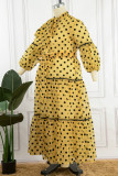 Gelber, lässiger, eleganter Druck mit Tupfen-Patchwork, durchsichtiger Faltenbandkragen, gerade Kleider in Übergröße