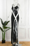 Robes de robe à bretelles spaghetti fendues transparentes en patchwork solide noir sexy