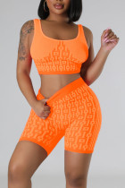 Orange Casual Sportswear Print Patchwork U-hals ärmlös två delar