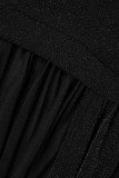 Abiti taglie forti dritti con colletto obliquo trasparente casual patchwork solido nero