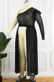 Vestidos de talla grande rectos con cuello oblicuo transparente de patchwork sólido casual negro
