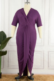 Purple Casual Solid Patchwork Asymmetrical V Neck Irregular Dress Plus Size Dresses