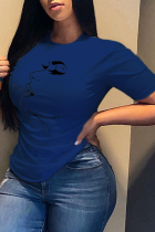 Marineblaue, lässige Patchwork-T-Shirts mit O-Ausschnitt
