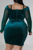 Verde sexy casual sólido patchwork fuera del hombro manga larga vestidos de talla grande