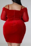 Red Sexy Casual Solid Patchwork Off the Shoulder Long Sleeve Plus Size Dresses