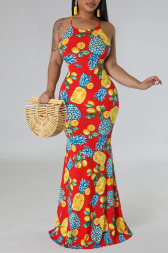 Red Sexy Print Patchwork Backless Trumpet Mermaid Dresses