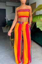 Orange Rainbow Sexy Print Patchwork Sleeveless Two Pieces Halter Crop Tops And Wide Leg Pants Sets