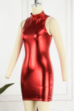 Серебряное сексуальное однотонное базовое платье без рукавов с высоким воротником Платья