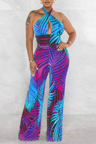 Baby Blue Sexy Print Patchwork Halter Straight Jumpsuits
