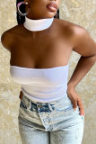 White Sexy Street Solid Patchwork Halter Tops