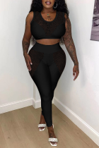 Black Sexy Solid Mesh U Neck Sleeveless Two Pieces