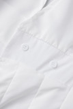 Vestidos plissados ​​de gola redonda lisa casual branco casual (sem corrente na cintura)