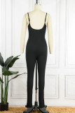 Black Casual Street Solid Patchwork Spaghetti Strap Skinny Jumpsuits