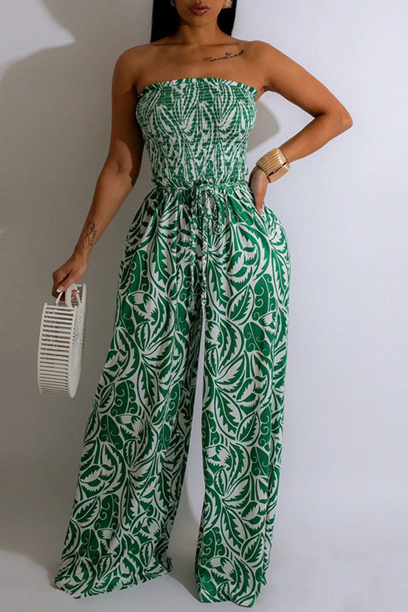 Wholesale Green Sexy Print Patchwork Fold Strapless Straight Jumpsuits Ws86087 2 9991