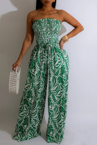 Green Sexy Print Patchwork Fold Strapless Straight Jumpsuits