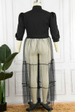 Zwart Casual Elegant Solid Patchwork Gesp Fold Turndown Collar Cake Skirt Grote maten jurken