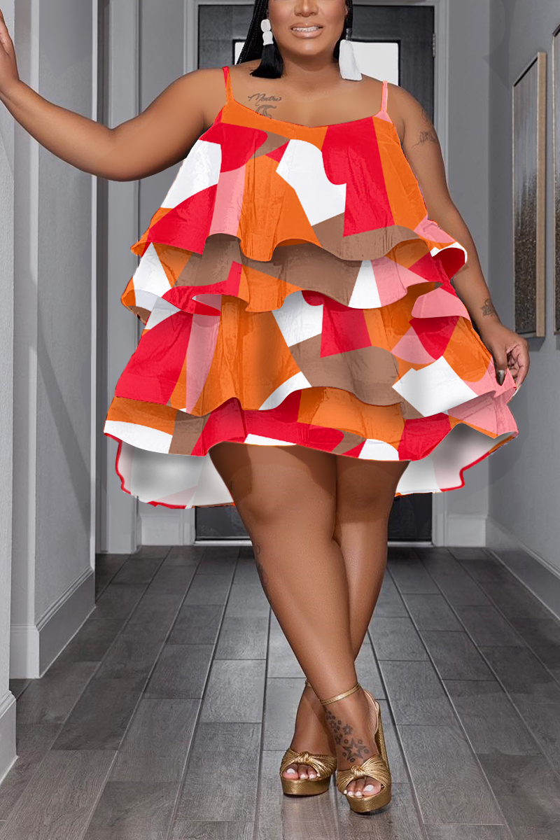 

Orange Plus Size Sexy Sweet Cute Mixed Printing Geometric Printing Spaghetti Strap Ball Gown