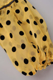 Yellow Casual Elegant Print Polka Dot Patchwork See-through Fold Ribbon Collar Straight Plus Size Dresses