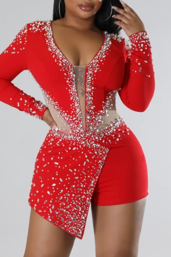Red Sexy Patchwork Hot Drilling See-through V Neck Skinny Romper