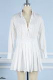 Weiß Casual Solid Patchwork Umlegekragen Plissee Kleider (Ohne Taillenkette)