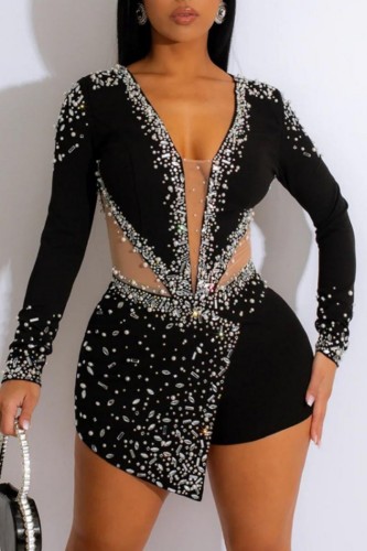 Black Sexy Patchwork Hot Drilling See-through V Neck Skinny Romper