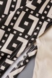 Preto e branco impressão casual patchwork fenda gola oblíqua manga longa duas peças