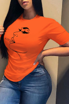 Orange Casual Print Patchwork O Neck T-Shirts