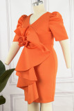 Orange Röd Elegant Solid Patchwork Applikationer V Neck Aftonklänning Plus Size Klänningar