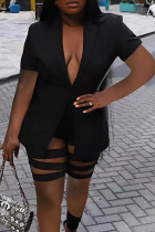 Black Sexy Solid Ripped Turndown Collar Short Sleeve Two Pieces Blazer Tops And Shorts Set