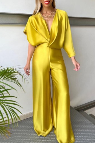 Yellow Casual Solid Patchwork Asymmetrical V Neck Regular Jumpsuits