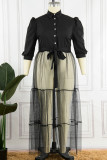 Bourgondië Casual Elegant Solid Patchwork Gesp Fold Turndown Collar Cake Skirt Grote maten jurken