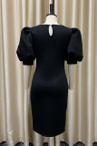 Black Fashion Casual Solid Hollowed Out O Neck Short Sleeve Dress Dresses