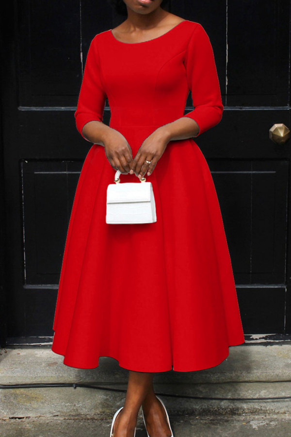 Rotes, elegantes, solides Patchwork mit O-Ausschnitt, Abendkleid, Kleider (ohne Gürtel)