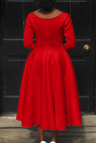 Rose Red Elegant Solid Patchwork O Neck Evening Dress Dresses(Without Belt)