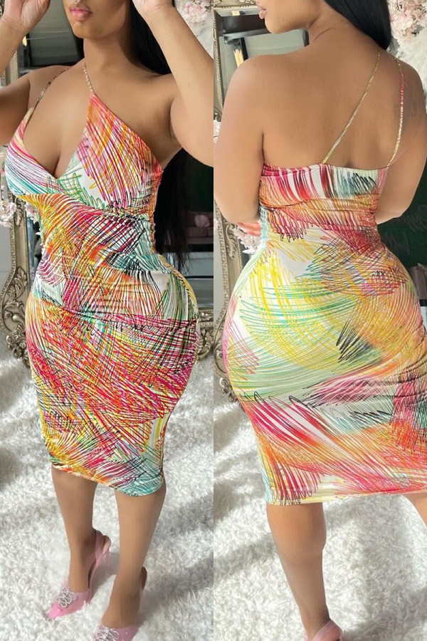 Veelkleurige sexy print rugloze spaghettibandjes mouwloze jurkjurken