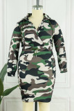 Camouflage Casual Print Patchwork V Neck Long Sleeve Plus Size Dresses