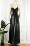 Черное сексуальное однотонное лоскутное платье на бретельках в стиле пэчворк Платья