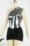 Black Sexy Solid Patchwork Feathers Oblique Collar Sleeveless Two Pieces