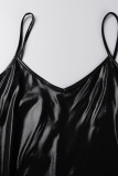 Robes de robe à bretelles spaghetti solides noires sexy en patchwork
