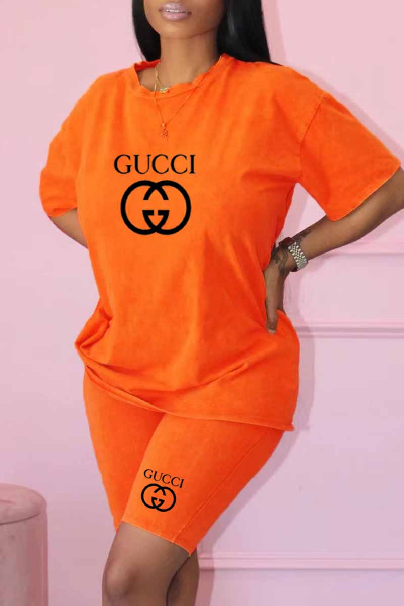 

Orange Casual Print Letter O Neck Short Sleeve Two Pieces