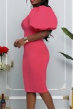 Pink Fashion Casual Solid Hollowed Out O Neck Short Sleeve Dress Dresses
