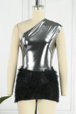 Tangerine Sexy Solid Patchwork Feathers Oblique Collar Sleeveless Two Pieces