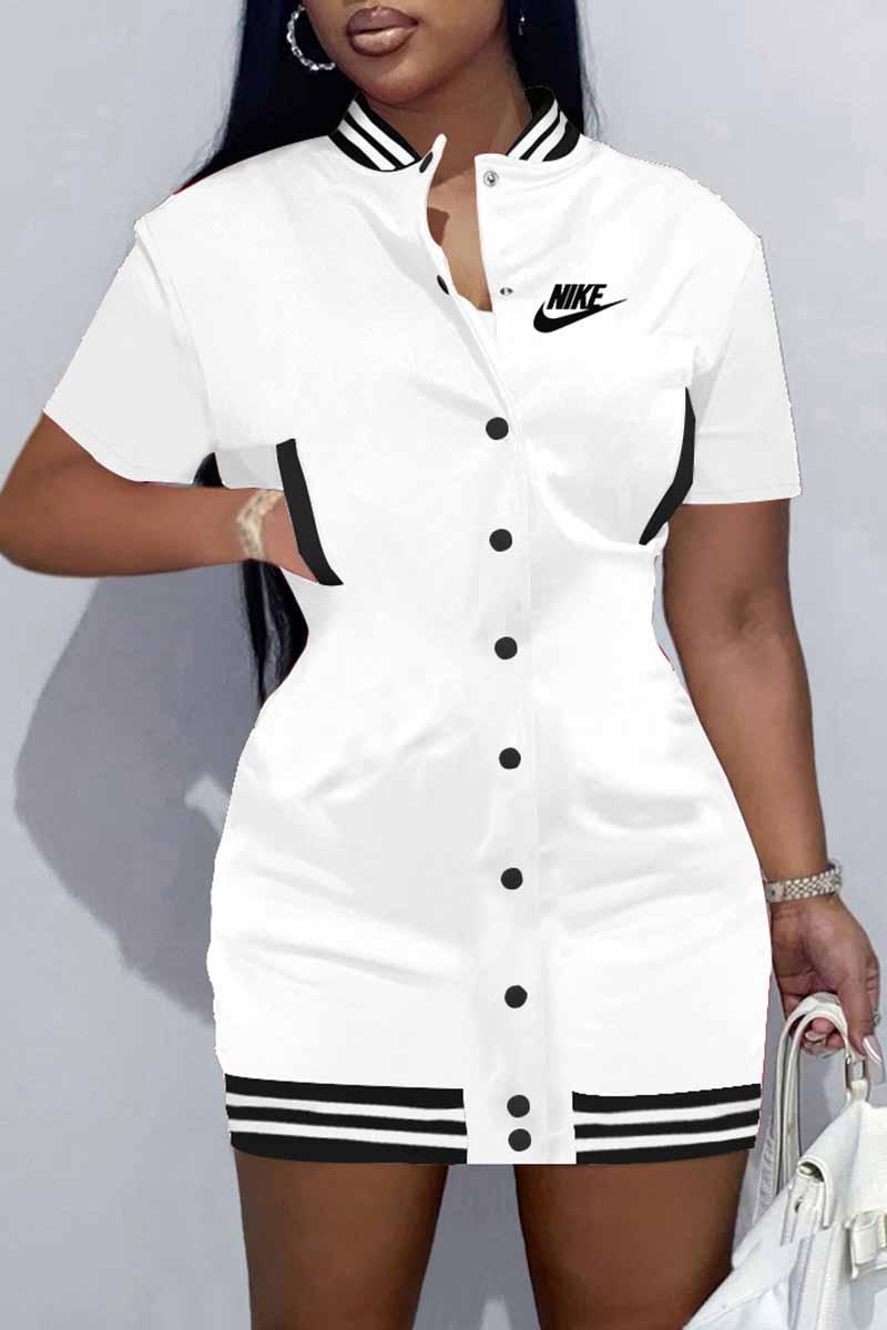 

White Casual Print Letter Mandarin Collar One Step Skirt Dresses