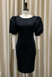 Zwarte mode casual effen uitgeholde O-hals jurk met korte mouwen jurken