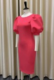 Roze mode casual effen uitgeholde O-hals jurk met korte mouwen jurken