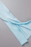 Sky Blue Fashion Sexy Solid Bandage Fessura scollo a V manica lunga due pezzi