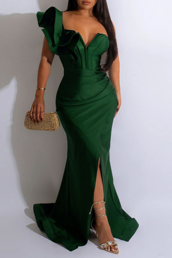 グリーン エレガント ソリッド パッチワーク ジッパー カラー イブニング ドレス ドレス