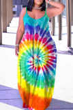 Tibetan Blue Sexy Casual Rainbow Print Backless Spaghetti Strap Long Maxi Cami Loose Dress