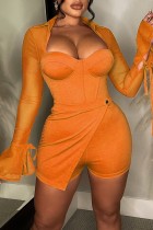 Оранжевый сексуальный однотонный комбинезон скинни в стиле пэчворк с прозрачным квадратным воротником