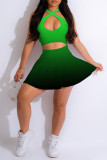 Grüne sexy Sportbekleidung mit allmählichem Wechseldruck, ausgehöhltes, ärmelloses Patchwork, zweiteilig
